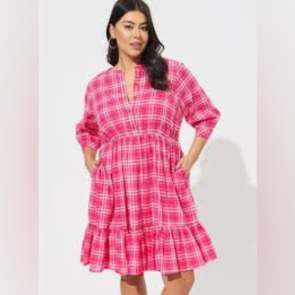 2 for 1: Mini Voile Mandarin Collar Plaid Dress + Bonus Hot Pink Slip Dress